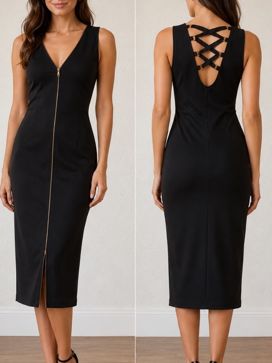 Almost Famous Dresses & Skirts - NEW w/ Tag Black Bodycon dress w/gold zipper front & crisscross back Size XLarge